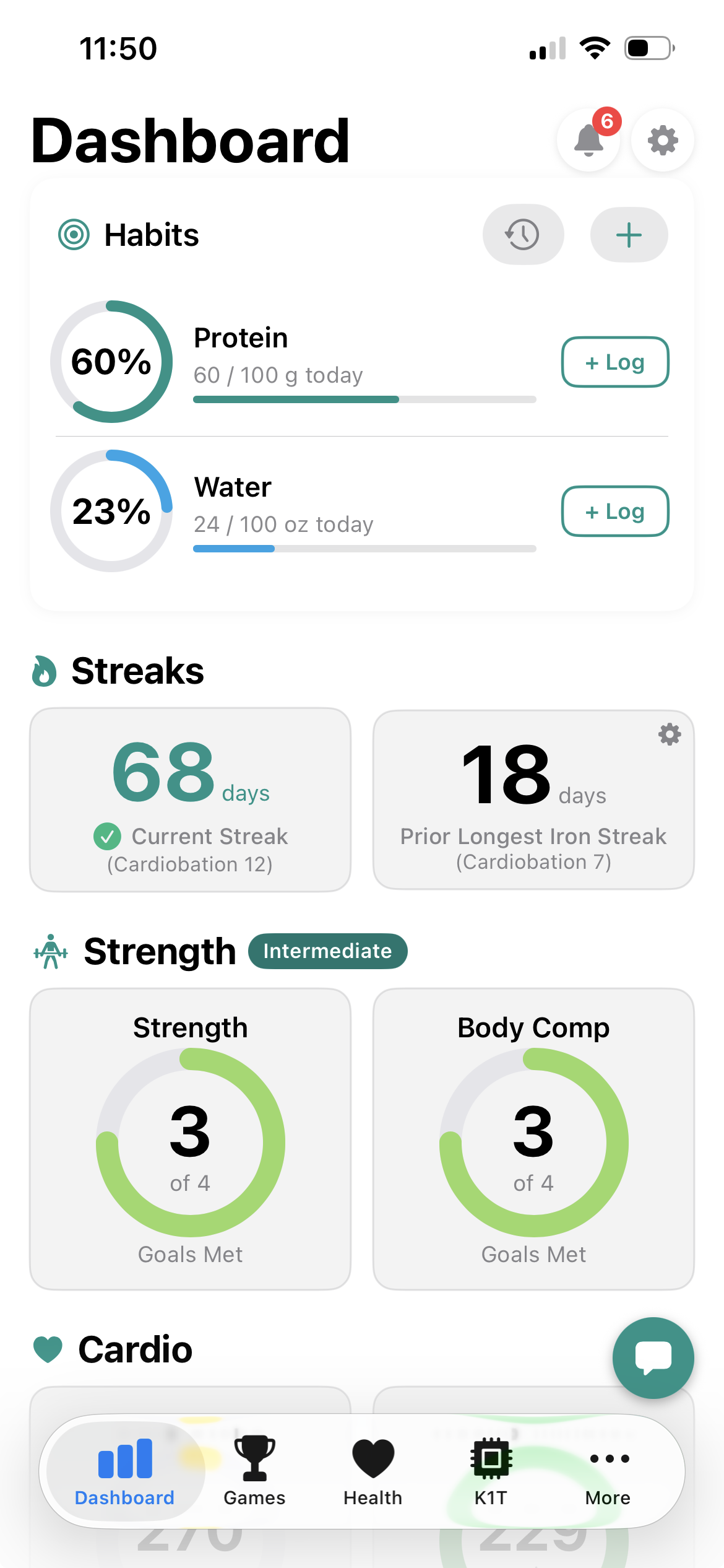 Wearable Wars dashboard with habits, streaks, strength, and body composition goals